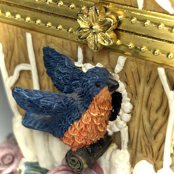 Ceramic Birdhouse Blue Roof House Purple Rose Flower Hinged Trinket Jewelry Box - Picture 2 of 10